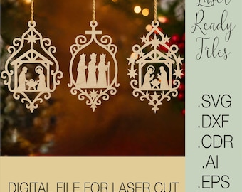 Laser Cut Nativity Scene Ornament SVG, Holy Family Christmas Decoration, Wood Christmas Ornament File, Engraved Manger Scene, Glowforge File