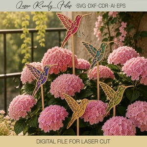 May include: A set of five laser-cut wooden hummingbird garden stakes featuring intricate cutouts and colourful accents in pink, blue, purple, green, and yellow, designed as digital files for laser cutting with SVG, DXF, CDR, AI, and EPS formats.