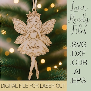 Puede incluir: Adorno de hada de madera con el nombre "Sofia" en el vestido. El hada tiene alas, una corona floral y cuelga de una cinta blanca. El texto de la derecha dice "Laser Ready Files" y tipos de archivo. El texto inferior dice "DIGITAL FILE FOR LASER CUT".