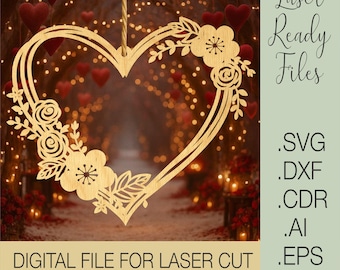 Valentine Heart Wooden Hanging Ornament SVG | Laser Cut Heart Decor | Valentine’s Day Plywood Ornament | Cricut Glowforge File