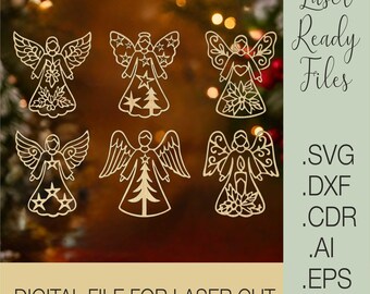 Christmas Angel Ornaments SVG | Laser Cut Files for Glowforge Cricut | Angel Decoration Template Dxf Cdr Ai Eps