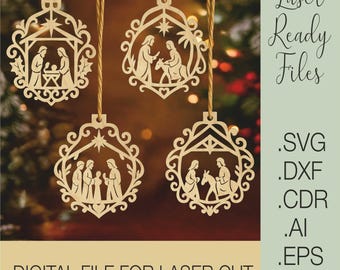 Laser Cut Nativity Scene Ornament SVG, Holy Family Christmas Decoration, Wood Christmas Ornament File, Engraved Manger Scene, Glowforge File