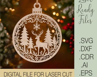 Adorno navideño de ciervo SVG, adorno de reno cortado a láser, plantilla para árbol de Navidad, Glowforge digital, Cricut, CDR, DXF, AI, EPS