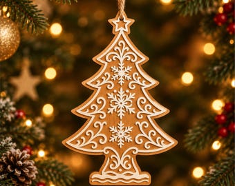 Weihnachtsbaumschmuck SVG, Holz-Laserschnittdatei, Weihnachtsdekorationsvorlage, mehrlagiger Weihnachtsschmuck, Glowforge DXF AI