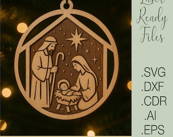 Laser Cut Nativity Scene Ornament SVG, Holy Family Christmas Decoration, Wood Christmas Ornament File, Engraved Manger Scene, Glowforge File