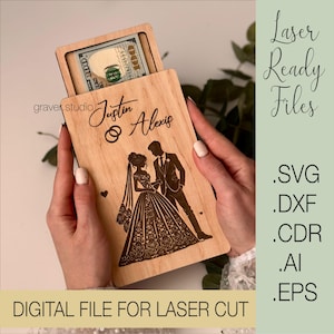Sobre de regalo de boda para dinero, proyecto de corte por láser, archivos Svg Dxf Cdr Eps Vector Plans, archivos de descarga instantánea, porta dinero para bodas