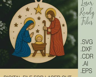 Nativity Scene Ornament SVG, Holy Family Laser Cut File, Christmas Wood Ornament Template, Religious Xmas Decoration, Cricut Glowforge File