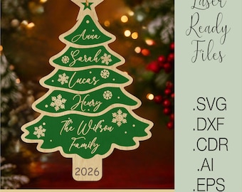 Christmas Tree Ornament SVG | Family Name Wooden Decoration | Personalized Laser Cut File | Xmas Ornament Template | Digital Download