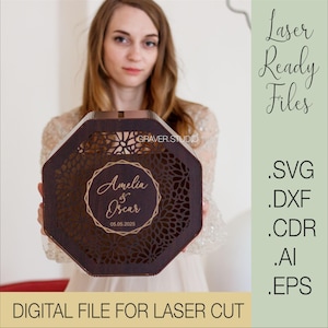Arquivo de corte a laser, caixa de cartão de casamento octogonal svg, arquivo de corte a laser de casamento, svg dxf cdr eps planos vetoriais, arquivos para download instantâneo, cartão de casamento svg
