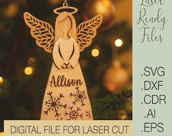 Angel Christmas Ornament SVG, Laser Cut File, Wooden Angel Decoration with Snowflakes, Personalized Xmas Ornament Template, Glowforge files