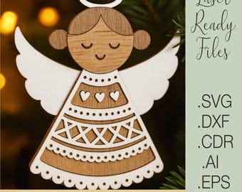 Christmas Angel Ornaments SVG | Laser Cut Files for Glowforge Cricut | Angel Decoration Template Dxf Cdr Ai Eps