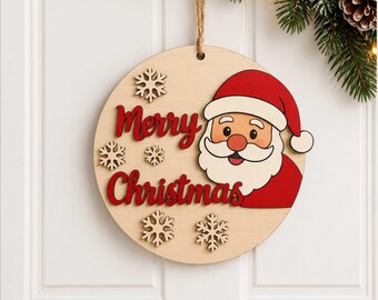 Weihnachtstürschild (SVG), runder Türhänger mit Weihnachtsmann (Laserschnittdatei), Vorlage für ein Holzschild mit Weihnachtsmotiv, digitale Glowforge-Ornamentdatei