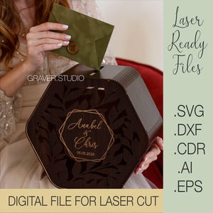 Caja para tarjeta de boda Svg, archivo cortado con láser para boda, planos vectoriales Svg Dxf Cdr Eps, archivos de descarga instantánea, tarjeta de boda Svg, archivo cortado con láser