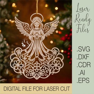 May include: A laser-cut wooden angel ornament with intricate details, holding a heart. The angel has detailed wings and a floral skirt. The text "Laser Ready Files" and file type extensions are visible. The words "DIGITAL FILE FOR LASER CUT" are also present.