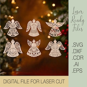 Christmas Angel Ornaments SVG | Laser Cut Files for Glowforge Cricut | Angel Decoration Template Dxf Cdr Ai Eps