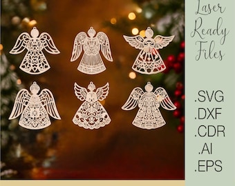 Christmas Angel Ornaments SVG | Laser Cut Files for Glowforge Cricut | Angel Decoration Template Dxf Cdr Ai Eps