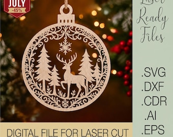 Deer Christmas Ornament SVG, Reindeer Bauble Laser Cut File, Xmas Tree Decoration Template, Digital Glowforge Cricut Cdr Dxf Ai Eps