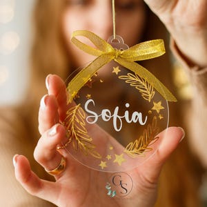 Personalized Acrylic Christmas Ornament with Name, Custom Clear Bauble with Gold Foil, Holiday Tree Decoration, Name Ornament for Kids
