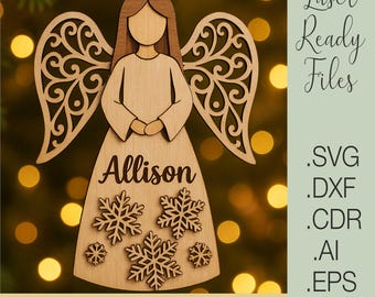 Angel Christmas Ornament SVG, Laser Cut File, Wooden Angel Decoration with Snowflakes, Personalized Xmas Ornament Template, Glowforge files