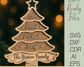 Christmas Tree Ornament SVG | Family Name Wooden Decoration | Personalized Laser Cut File | Xmas Ornament Template | Digital Download