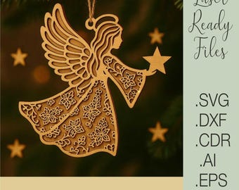 Christmas Angel Ornaments SVG | Laser Cut Files for Glowforge Cricut | Angel Decoration Template Dxf Cdr Ai Eps