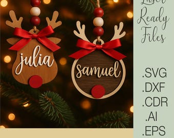 Reindeer Ornament Laser Cut File, Personalized Christmas Decoration SVG, CNC Glowforge File