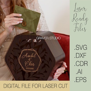 Archivo láser para boda, caja para tarjetas de boda Svg, portatarjetas cortado con láser, planos vectoriales Svg Dxf Cdr Eps, descarga instantánea de archivos, caja de regalo para boda Svg
