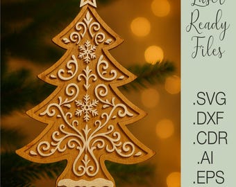 Christmas Tree Ornament SVG, Wooden Laser Cut File, Xmas Decoration Template, Layered Holiday Ornament, Glowforge DXF AI