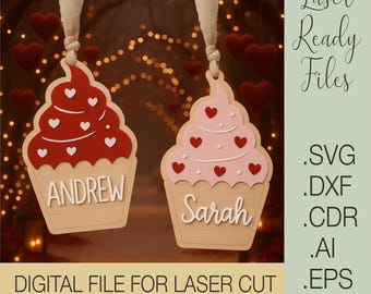 Valentine Cupcake Ornament SVG | Laser Cut Cupcake File | Heart Cupcake Decor | Valentine Laser Cut Dxf Eps Ai Cdr