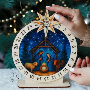 Wooden Advent Calendar Nativity Scene, Christian Christmas Countdown, Handmade Holiday Decor, Wooden Christmas Gift for Kids