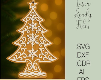 Christmas Tree Ornament SVG, Wooden Laser Cut File, Xmas Decoration Template, Layered Holiday Ornament, Glowforge DXF AI