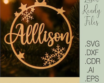 Personalized Christmas Ornament SVG, Laser Cut Name Bauble Template, Custom Wooden Decoration with Snowflakes, Digital File for Glowforge