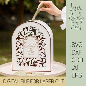Archivo de corte láser para boda, proyecto de corte láser, planos vectoriales Svg Dxf Cdr Eps, archivos de descarga instantánea, tarjeta de boda svg, caja de tarjeta de boda Svg