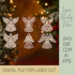 Christmas Angel Ornaments SVG | Laser Cut Files for Glowforge Cricut | Angel Decoration Template Dxf Cdr Ai Eps