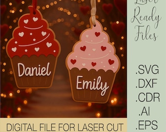 Valentine Cupcake Ornament SVG | Laser Cut Cupcake File | Heart Cupcake Decor | Valentine Laser Cut Dxf Eps Ai Cdr