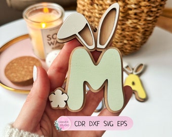 Initiales de lapin de Pâques, fichier découpé au Laser Glowforge, svg de lapin de Pâques, fichiers numériques, plans vectoriels Svg Dxf Cdr Eps, oreilles de lapin lettres panier de Pâques