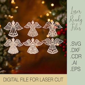 Christmas Angel Ornaments SVG | Laser Cut Files for Glowforge Cricut | Angel Decoration Template Dxf Cdr Ai Eps