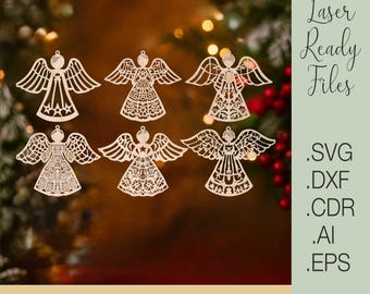 Christmas Angel Ornaments SVG | Laser Cut Files for Glowforge Cricut | Angel Decoration Template Dxf Cdr Ai Eps