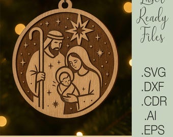Laser Cut Nativity Scene Ornament SVG, Holy Family Christmas Decoration, Wood Christmas Ornament File, Engraved Manger Scene, Glowforge File