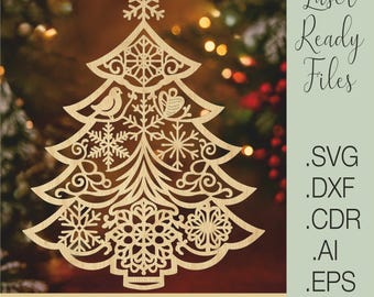 Christmas Tree Ornament SVG, Laser Cut File, Wooden Snowflake Decoration, Digital Download for Glowforge & Cricut, Holiday Decor Template