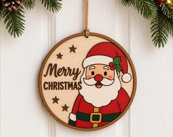 Weihnachtstürschild (SVG), runder Türhänger mit Weihnachtsmann (Laserschnittdatei), Vorlage für ein Holzschild mit Weihnachtsmotiv, digitale Glowforge-Ornamentdatei