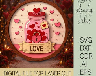 Valentine Laser Cut File | Love Jar Svg Dxf Ai Eps Cdr | Heart Jar Decor | Valentine Gift Laser Template
