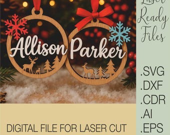 Christmas Ornament SVG, Reindeer Laser Cut File, Personalized Name Ornament Template, Wooden Xmas Decoration, Glowforge CNC Digital Download
