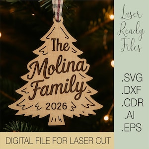 Personalisierte Familie Weihnachten Ornament SVG, Holz Weihnachtsbaum Laser geschnitten Datei, Benutzerdefinierte Name Ornament, Urlaub Dekoration Glowforge Datei