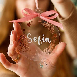 Décoration de Noël personnalisée en acrylique avec nom, boule de Noël transparente personnalisée avec feuille d&#39;or rose, décoration d&#39;arbre de Noël, décoration de nom pour enfants