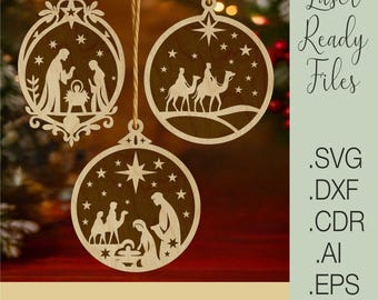 Laser Cut Nativity Scene Ornament SVG, Holy Family Christmas Decoration, Wood Christmas Ornament File, Engraved Manger Scene, Glowforge File