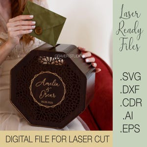 八角形のウェディング カード ボックス SVG、ウェディング レーザー カット ファイル、SVG Dxf Cdr Eps ベクター プラン、ファイルの即時ダウンロード、レーザー カット ファイル