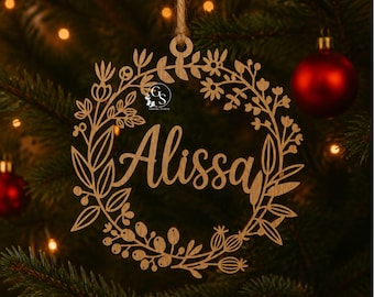 Personalized Christmas Ornament SVG | Laser Cut File Wooden Wreath Name Decoration | Custom Holiday Ornament Template Glowforge Cricut