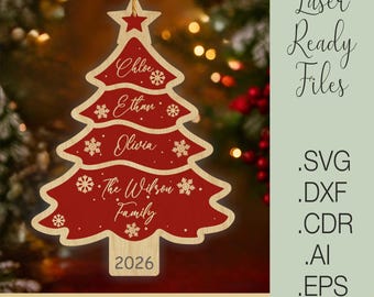 Christmas Tree Ornament SVG | Family Name Wooden Decoration | Personalized Laser Cut File | Xmas Ornament Template | Digital Download