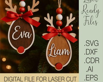 Reindeer Ornament Laser Cut File, Personalized Christmas Decoration SVG, CNC Glowforge File